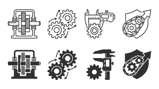 Engineering precision tools and gear transmission icons with engineering transmission mechanical industry precision
