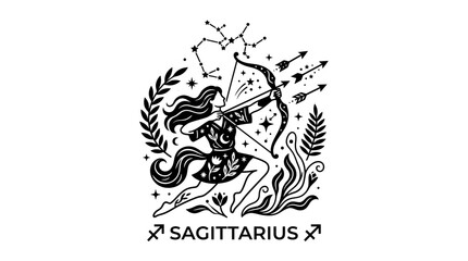 Obraz premium Black and white celestial archer zodiac illustration with mystical elements