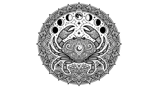 Intricate Celestial Crab Mandala with Moon Phases and Stars