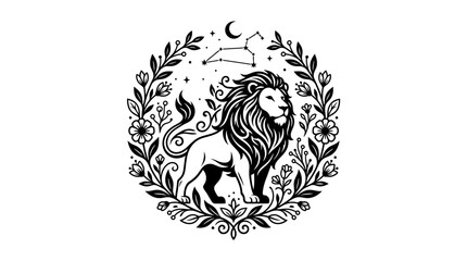 Obraz premium Majestic lion zodiac illustration with constellation and floral wreath