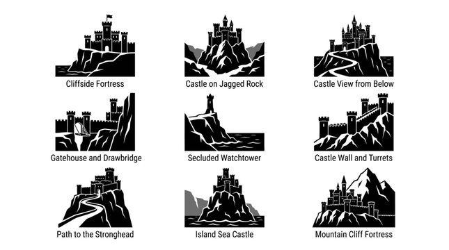 Black and white castle silhouettes variety.