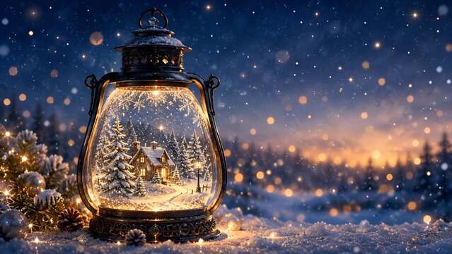 雪降る冬の夜を温かく照らす小さな家と雪の結晶を閉じ込めた幻想的なスノードームランタン