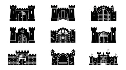 Obraz premium Black and white castle gate icons.