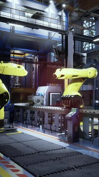 Two robotic arms are on a production line in a factory. They are engaged in assembly tasks. The environment is bright with machinery and equipment visible.