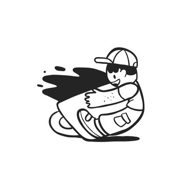 Happy man hugging big cup of hot coffee doodle hand drawn illustration drawing black white color