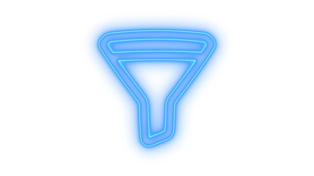 Glowing colorful neon funnel icon representing digital search filter and data sorting settings isolated on transparent background for modern user interface design elements.