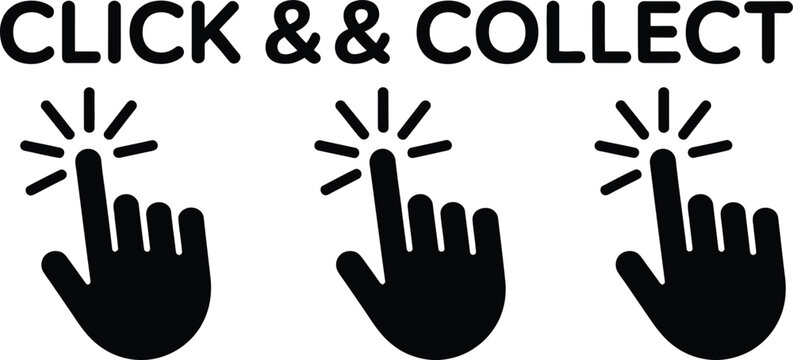 Hands represented by cursor icons indicate a digital click and collect shopping process for online consumers.