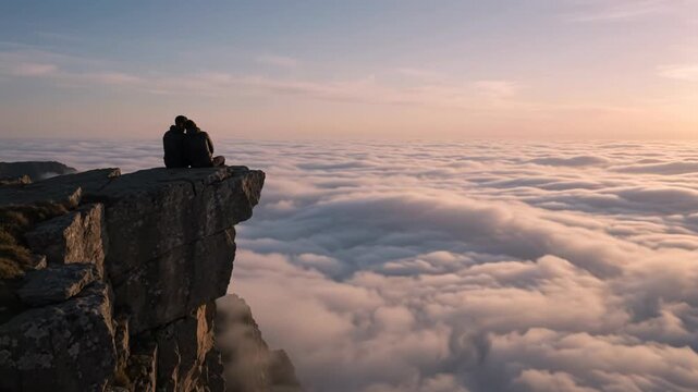Romantic Sunrise Embrace Couple on Cliff Edge Above Clouds, Love and Serenity Amidst Mountain Sky Romance, Outdoor Tranquility, Connected Souls Gazing at Horizon