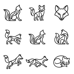 Naklejka premium Collection of various fox line art.