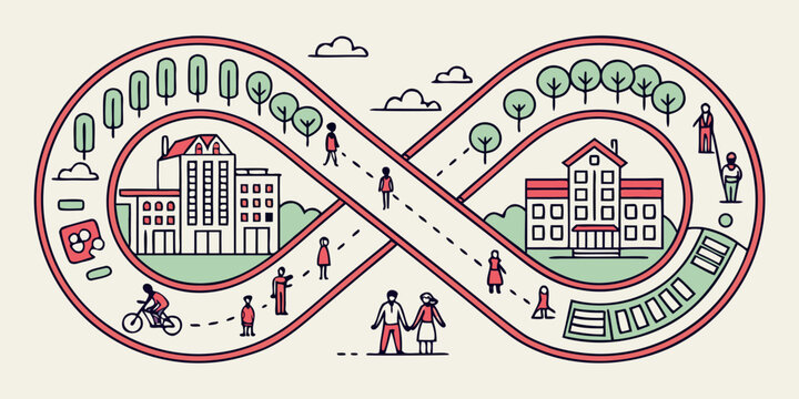 People move along an infinite loop road connecting residential buildings and urban structures in a continuous cycle.