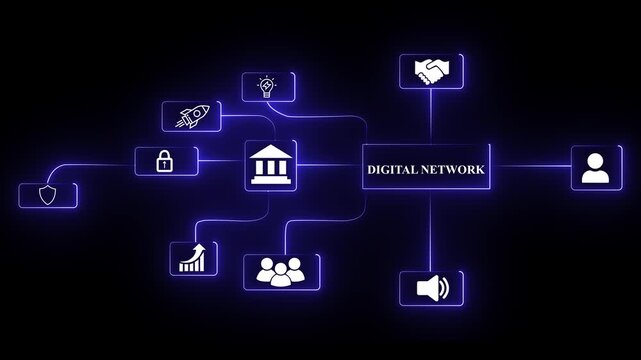 Futuristic digital management network diagram animation featuring glowing blue icons for cloud computing, business data, and high-tech artificial intelligence connectivity.