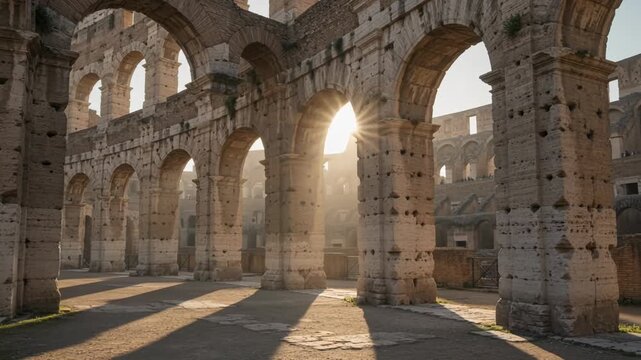 Sunrise Architecture Ancient History Rome Italy Colosseum Monument Landmark Old Sunlight Streams Through Ancient Arches, Illuminating Majestic Interior of Amphitheater, Evoking Sense of Awe