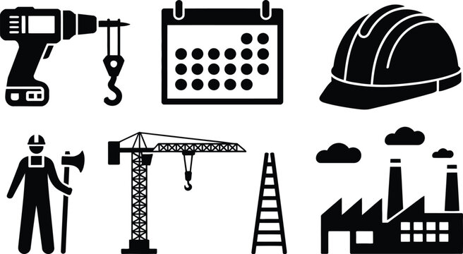 Construction site essentials consist of a power drill and calendar beside a hard hat and worker holding axe.