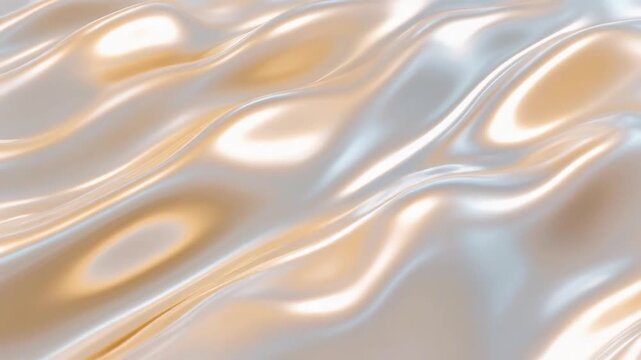 Molten pearl surface forms gentle rhythmic waves with ivory, silver and champagne reflections, soft studio lighting and glossy texture, creating elegant luxury skincare branding background.