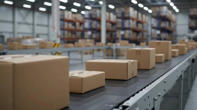 Cardboard Boxes Moving on Conveyor Belt in Modern Distribution Warehouse. E-commerce Fulfillment, Logistics, Shipping, Packaging, Storage and Supply Chain Concept