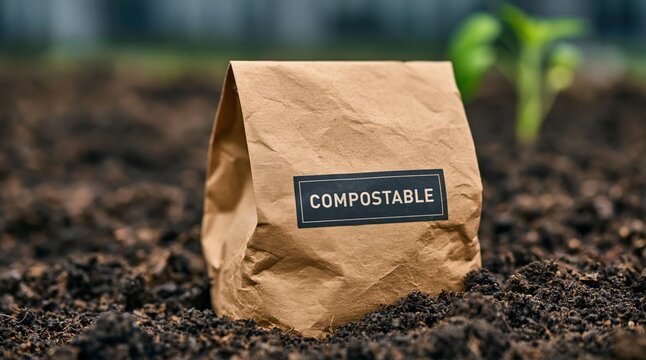Compostable packaging in organic soil for sustainable eco friendly earth nature