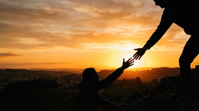 Silhouette of person reaching down to help another climb up a hill at sunset