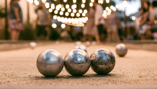 Metal balls rest on sandy court for bocce game at the park. People play outdoor game under string lights at dusk. Evening leisure activity with friends.