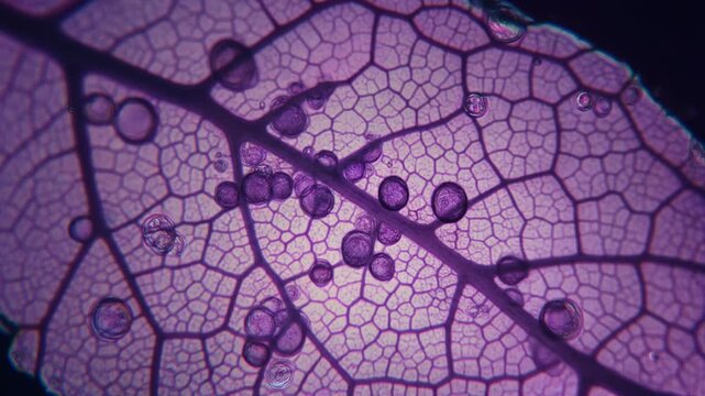 Epigenetic Modification of Plant Genetics and DNA in a Purple Leaf with Visible Cells and Veins Under Microscope