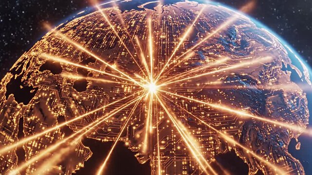 Planet Earth illuminated by orange digital network lines