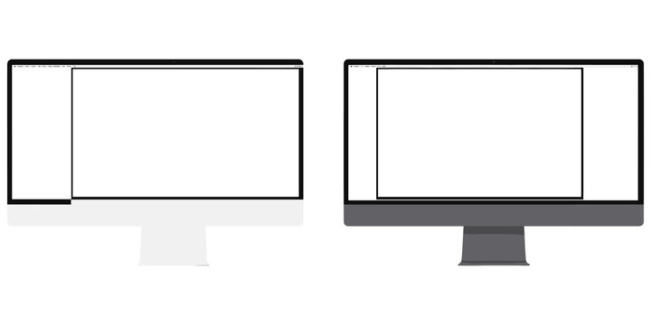Pair of desktop computer monitors in white and dark gray frames with blank screen windows, modern technology layout, flat vector illustration