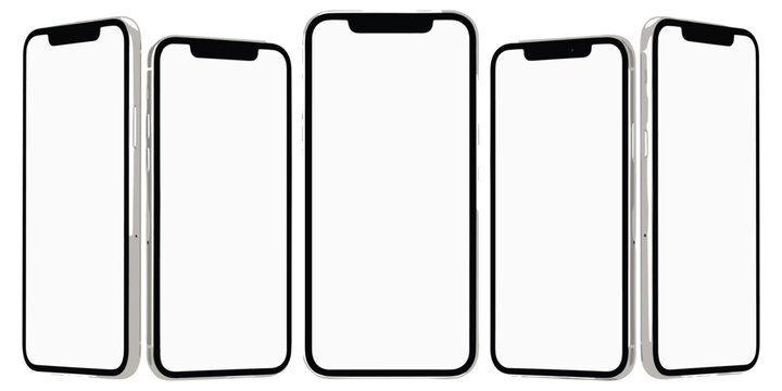 Set of modern smartphones with blank screens, thin bezels, and front notch design arranged in symmetrical composition, flat vector illustration