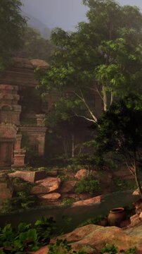 A large tree stands next to a stone structure. Rocks are scattered around, and a small stream flows nearby. The scene shows greenery and ancient architecture in the background.
