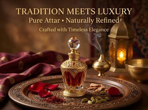 Displaying ornate attar perfume bottle on a decorative tray in a warm atmospheric setting