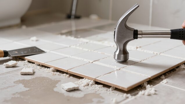 Close-up of a hammer being used to settle a ceramic tile during floor installation. Concept of home renovation, tiling work, professional floor repairs, and construction