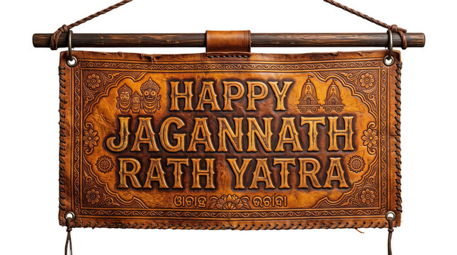 Ornate happy jagannath rath yatra embossed leather sign with odia text, isolated on transparent background