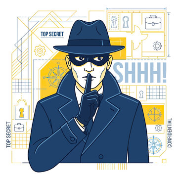 Secret Agent Shushing, Top Secret Confidential Information, Espionage Concept