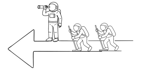 Three astronauts walking on a large arrow sign pointing left as a team exploring space mission concept drawing isolated on a white background Vector, illustration © OTP Line art