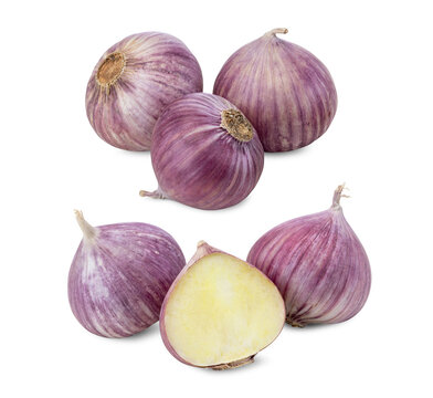 Close-up of Purple Single Clove Garlic Whole and Halved on White Background
