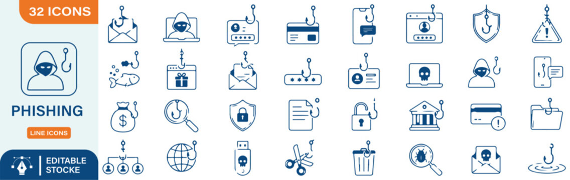 Phishing and Cyber Security Line Icons Set, Internet Fraud and Hacker Attack Vector Icons Bundle