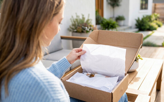 Unboxing experience with young woman opening parcel box on patio, cosmetic product delivery and e-commerce shopping lifestyle concept