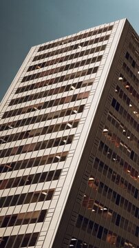 A tall building stands in an urban location. Its design features many windows that reflect the sunlight. The sky above is clear and blue. People go about their day below the building.