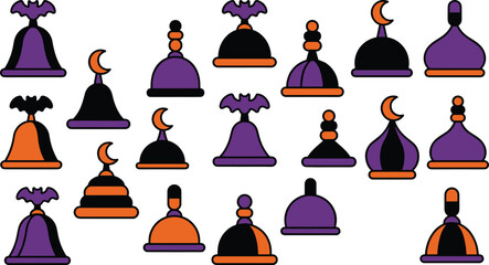 Gothic Halloween architectural roof domes collection featuring crescent moon and bat finials in orange purple and black vector illustration © nice