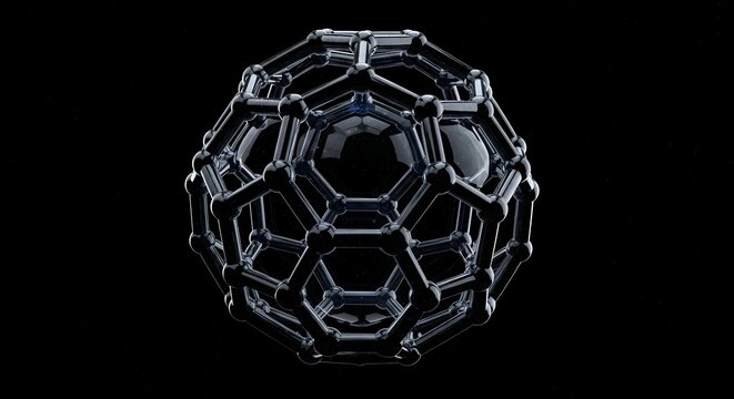 Buckminsterfullerene molecule structure on black background