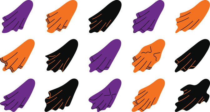 Minimalist Halloween ghost sheet silhouettes pack featuring simple flying and floating faceless phantoms in orange purple black vector illustration