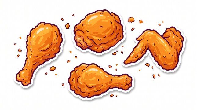 A mouthwatering vector illustration featuring four crispy, golden-brown fried chicken pieces&mdash;drumsticks, thigh, and wing&mdash;isolated as stickers with crunchy crumbs on a clean white background.