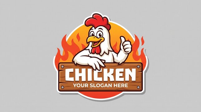 A fun cartoon mascot logo featuring a cheerful white chicken giving a thumbs-up while leaning over a wooden sign with fire flames on a grey background.