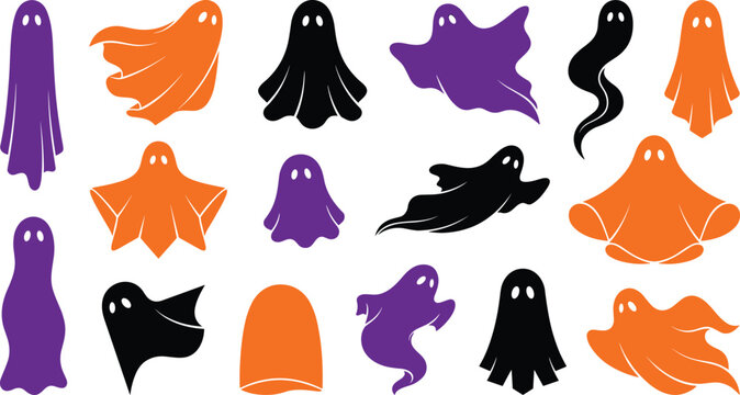 Minimalist Halloween ghost silhouettes element collection featuring flying and floating spooky classic phantoms in orange purple and black vector