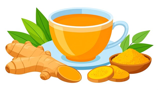 Warm Herbal Tea Cup with Fresh Ginger Root and Turmeric Powder on White Background