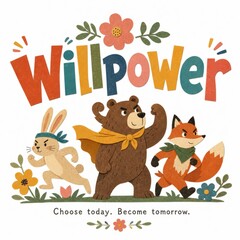 Fototapeta premium Playful Animal Characters Representing Willpower with Colorful Design and Flowers