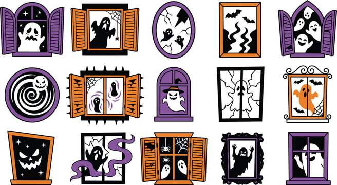 Haunted Halloween house windows set featuring spooky ghost silhouettes peeking phantoms broken glass shutters and spider webs vector illustration