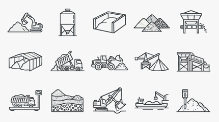 Industrial Construction Equipment and Material Processing Icons Set Black and White Line Art Illustrations © Eri