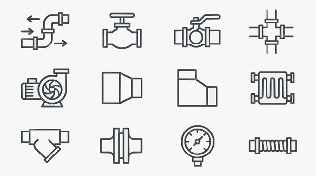 Elegant Minimalist Line Drawing Set of Industrial Valves Pumps and Gauges in Monochrome with high quality professional line art symbols for modern creative design and digital branding projects