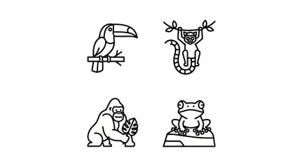 Jungle animal icons featuring toucan lemur gorilla and frog. © Bromen