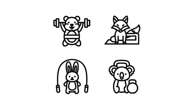 Fitness and gym animal icons with weights and skipping.