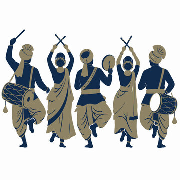 Indian group of people dancing folk style with traditional dhols and musical instruments.